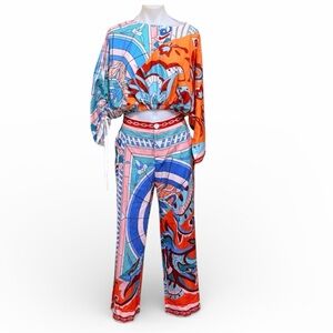 Y2K Psychedelic rave festival Print Top & Pants Set Juniors Small NWOT